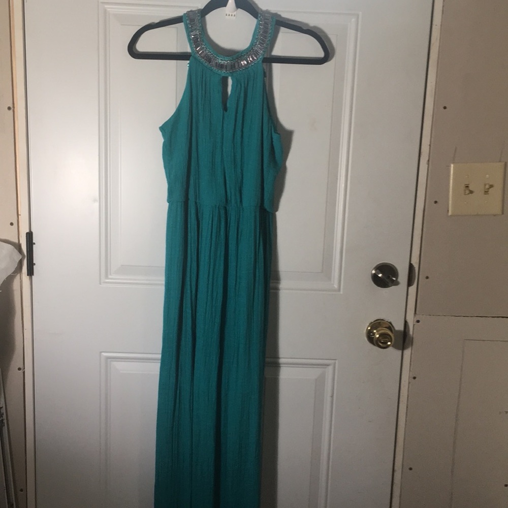 Love Reign sleeveless lined teal maxi dress w/silver barrel sequins size Small